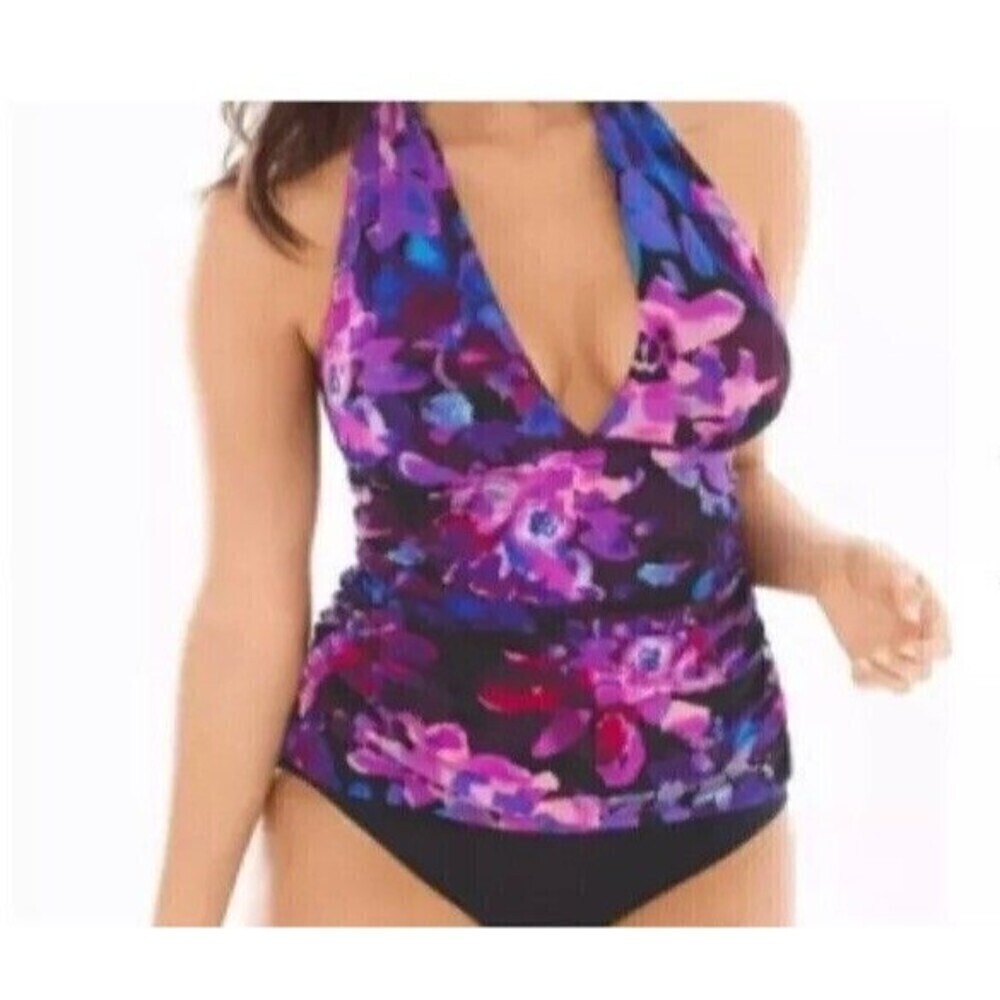 Magicsuit US 12 Divine April Pink Purple Floral Ruched Side Halter Tankini Top